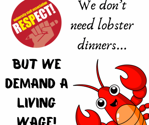 Graphic reading "We don't need lobster dinners...but we demand a living wage!", with USA logo in top left, and lobster illustration in bottom right.