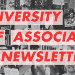 Graphic reading "University Staff Association News Letter" overlaid over black and white images of Union actions