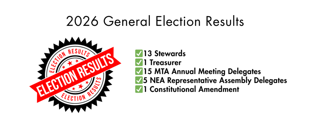 2026 USA General Election Results, 13 stewards, 1 treasurer, 15 MTA Annual Meeting Delegates, 5 NEA Representative Assembly Delegates, 1 Constitutional Amendment