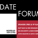 Text on white, black, and red boxes that reads "Candidate Forum, MTA President & Vice President, Co-hosted by USA and PSU, Speakers (Pres & VP Slates): Matt Bach & Deb Gesualdo, Deb McCarthy & Dean Robinson, John Sullivan & Gayle Carvalho, Wednesday April 22nd 11:30am-1pm, Zoom".