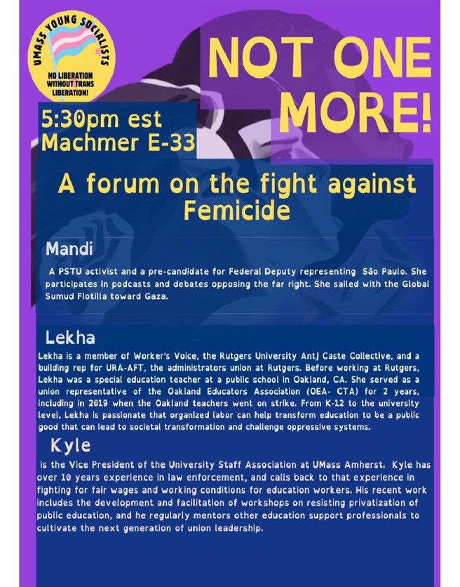 A forum on the fight against Femicide hosted by UMass Young Socialists and USA Union