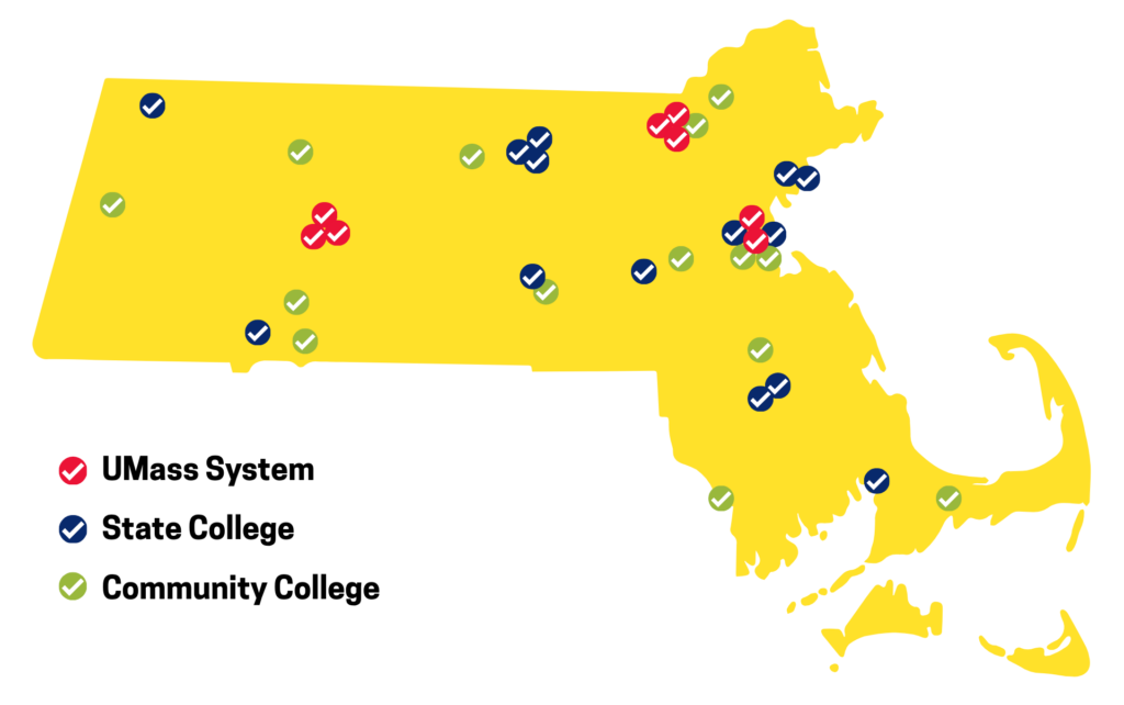 Map of Massachusetts showing the many MTA local unions that have endorsed the Fair Wages Now! campaign
