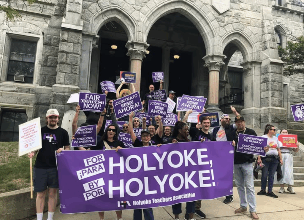 USA members rallied alongside allies from the Holyoke Teachers Association outside Holyoke City Hall on Labor Day.